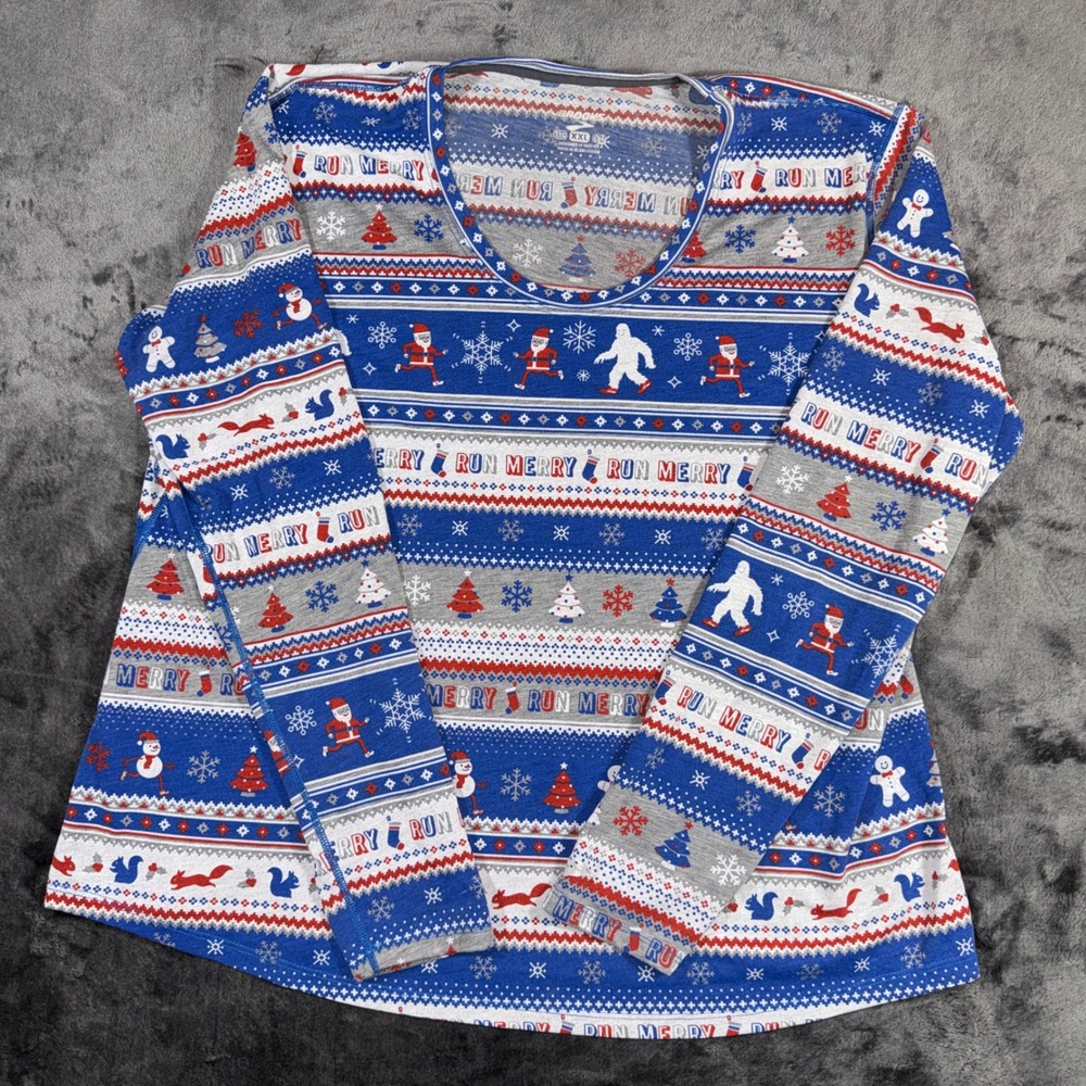 Brooks Run Merry Christmas Long‎ Sleeve Shirt Blue Holiday Sasquatch XXL 221404